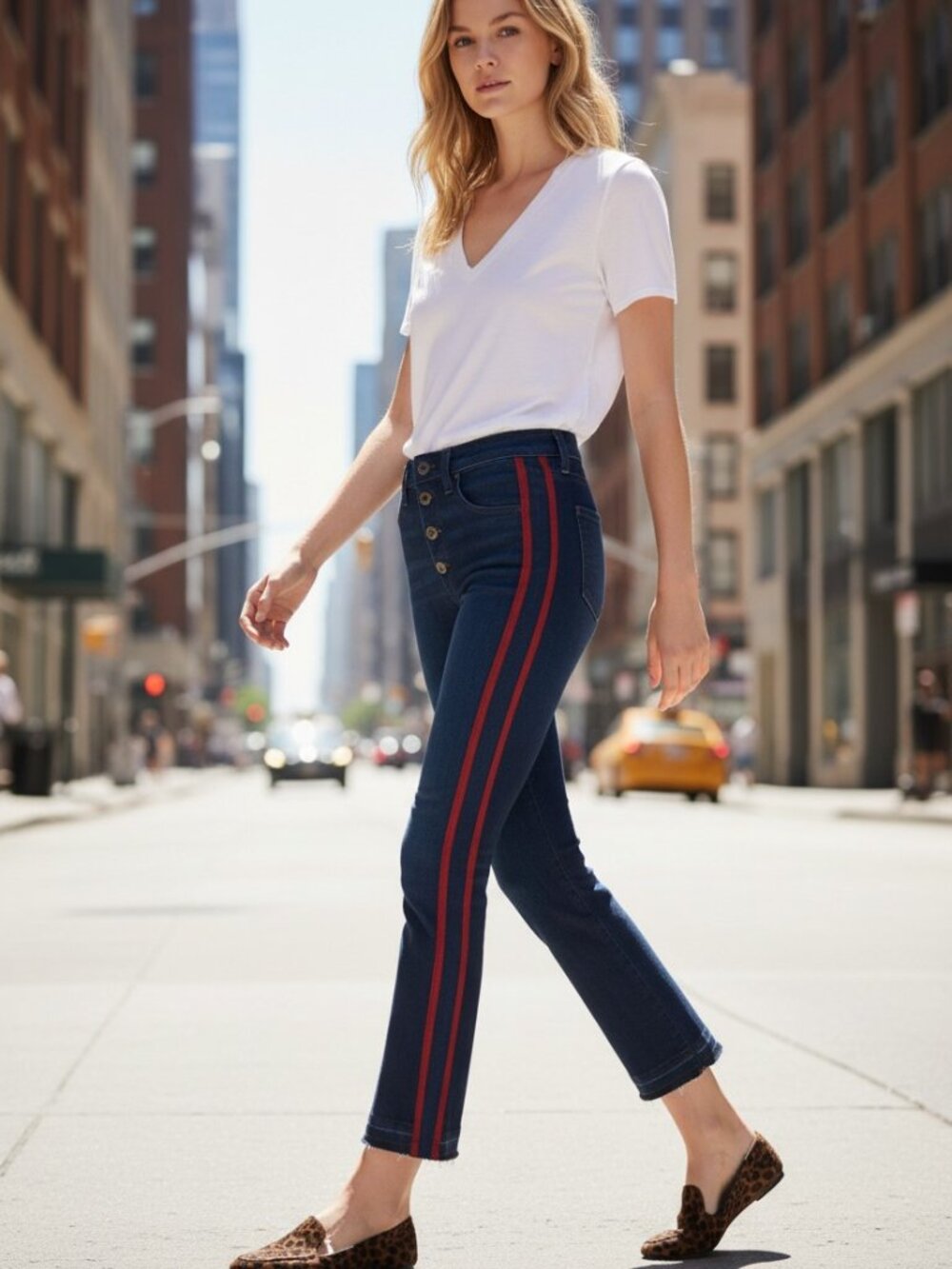 Veronica Beard Carolyn 10" Baby Boot Blue Red Flare Stripes Jeans 26‎ Preowned